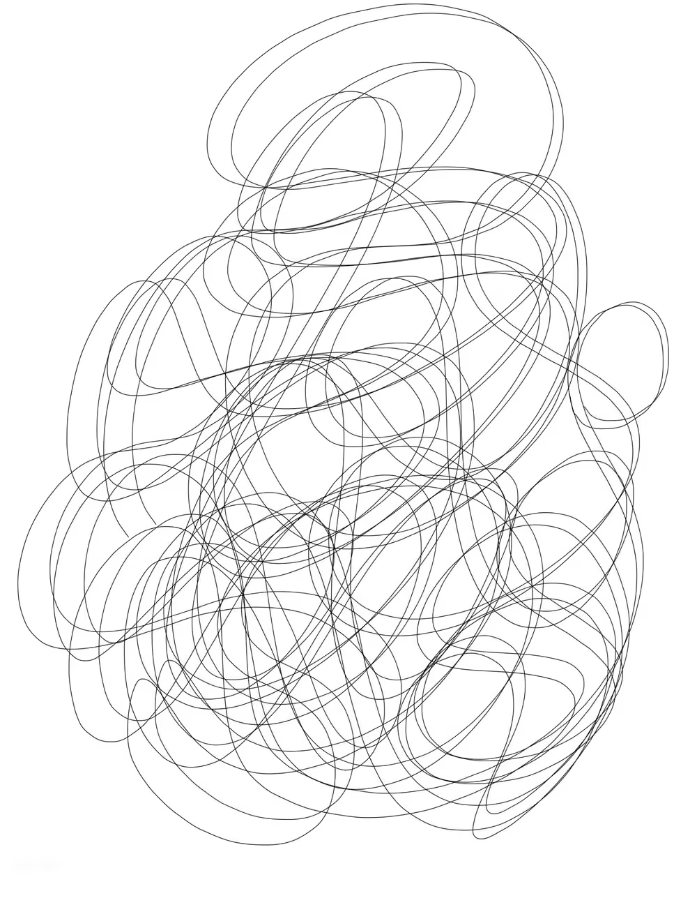 Chaos, an abstract composition of fine black looping lines crossing and gathering on a white field